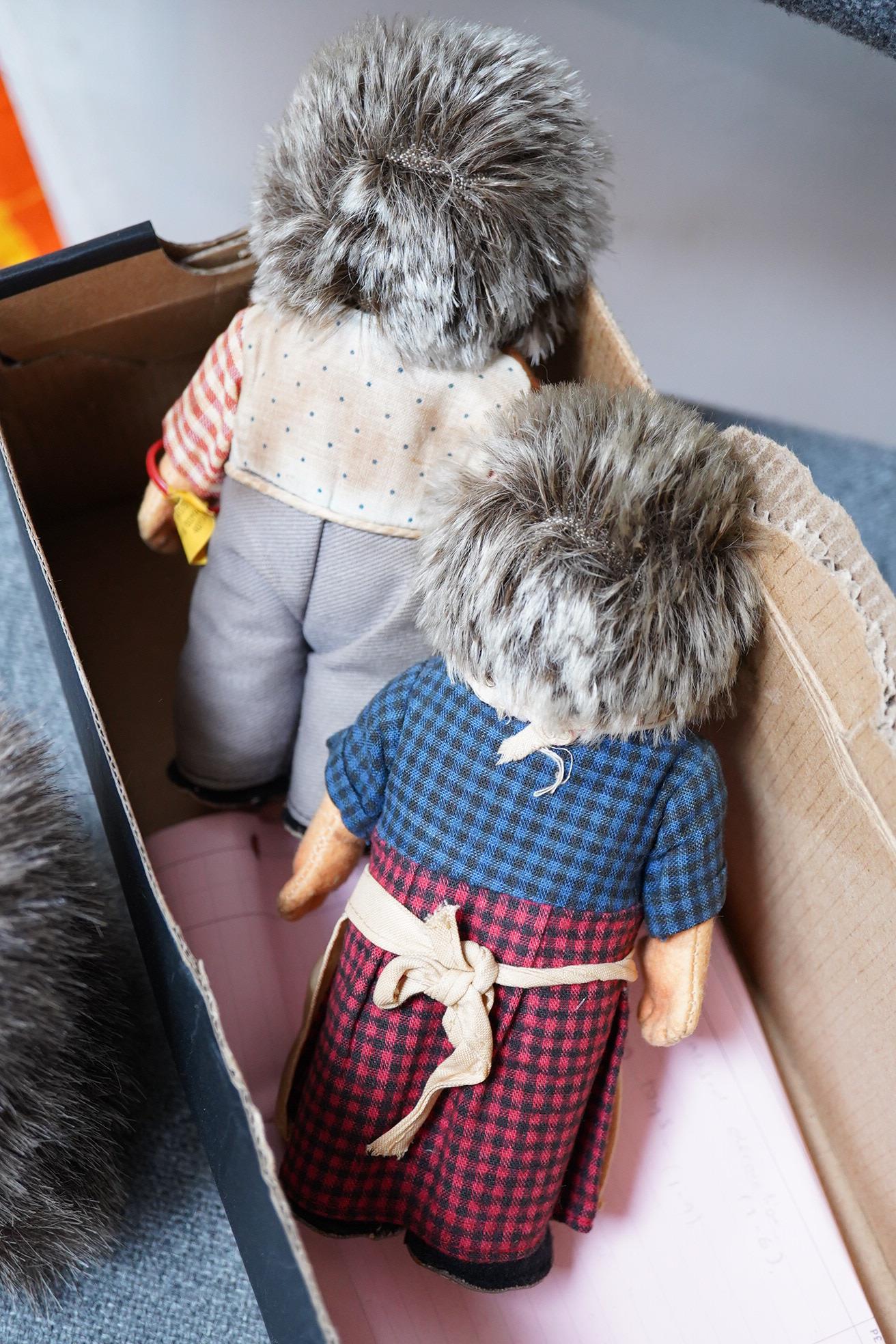 Three 1950s Steiff hedgehogs; a Mecki and Micki pair, 18cm high, together with another Joggi example, all with labels (3)